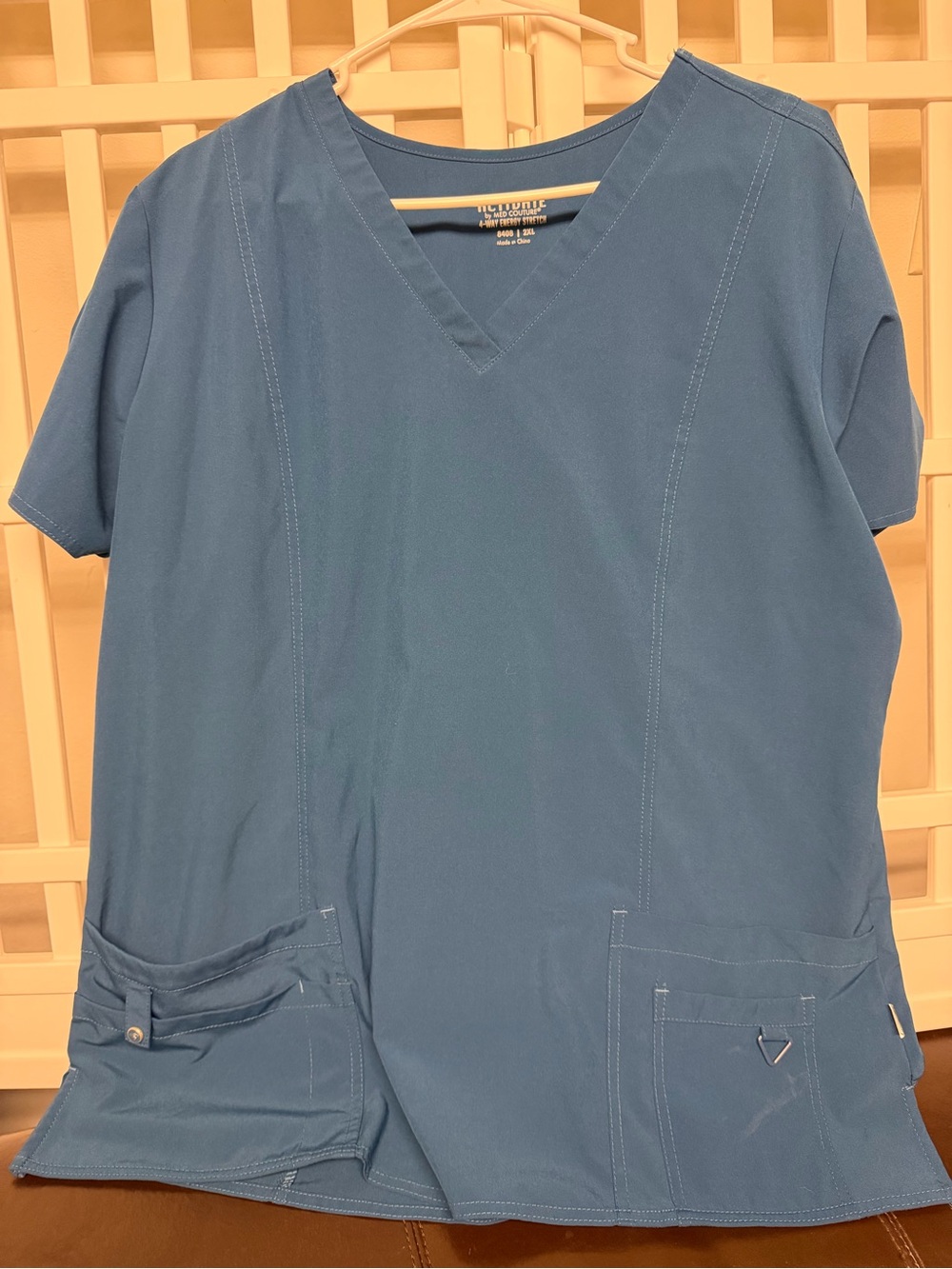 Med Couture Blue V-Neck Short-Sleeve Scrub Top with Utility Pockets
